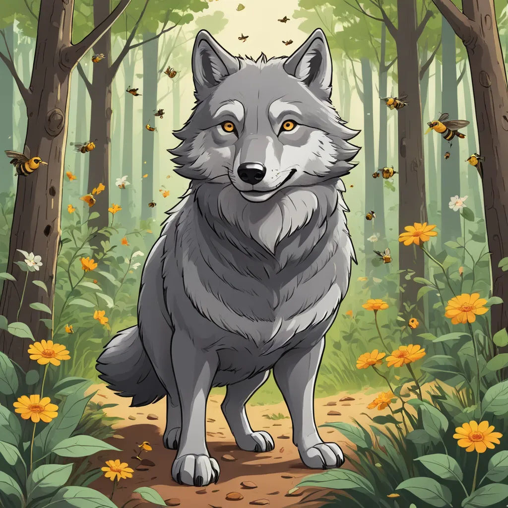 a wolf standing in the middle of a forest with yellow flowers on the ground and trees in the background, furry art, a character portrait, Caspar Wolf, official art