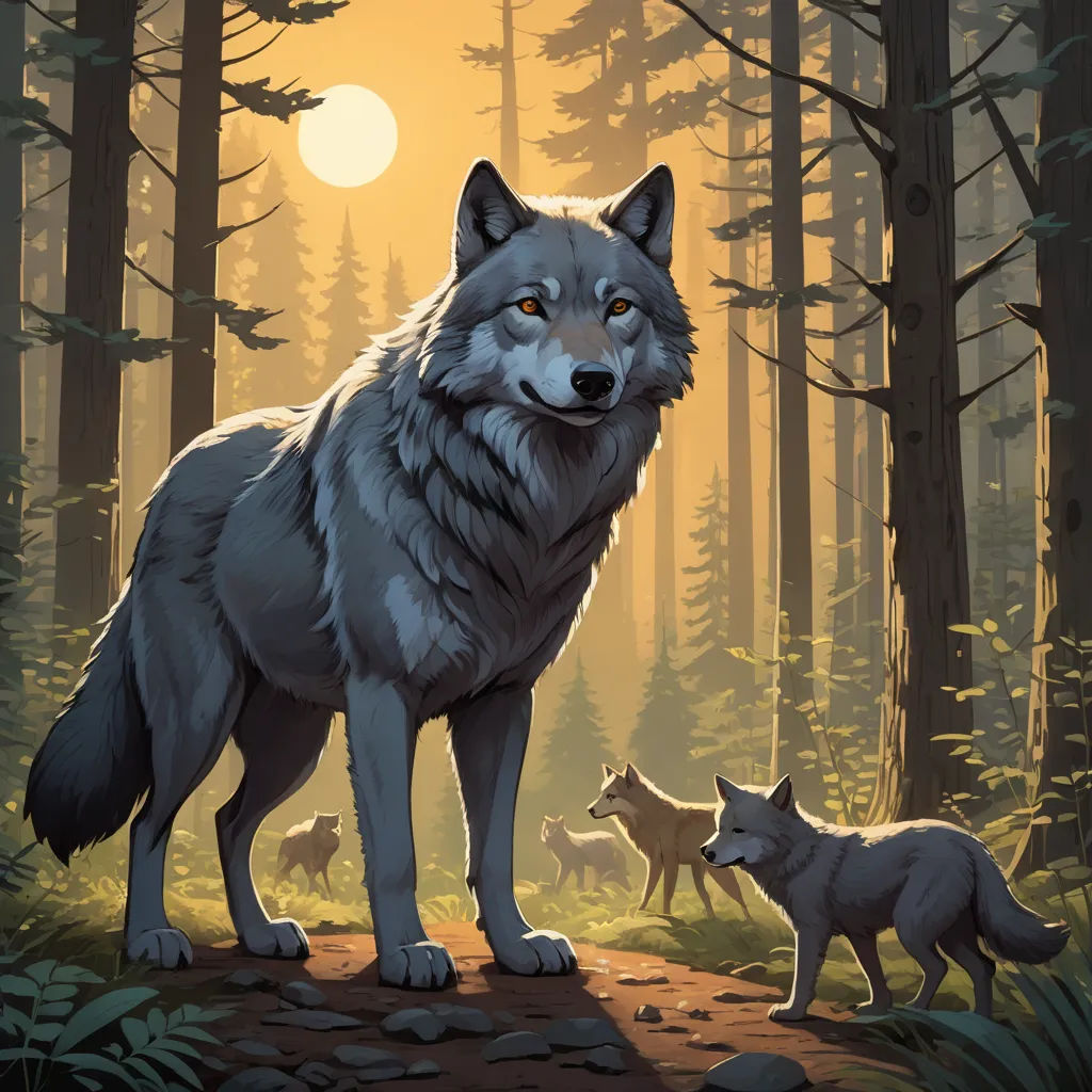 a wolf and her cubs in a forest at sunset with the sun shining through the trees and the moon shining through the trees, furry art, a detailed painting, Dan Mumford, official art