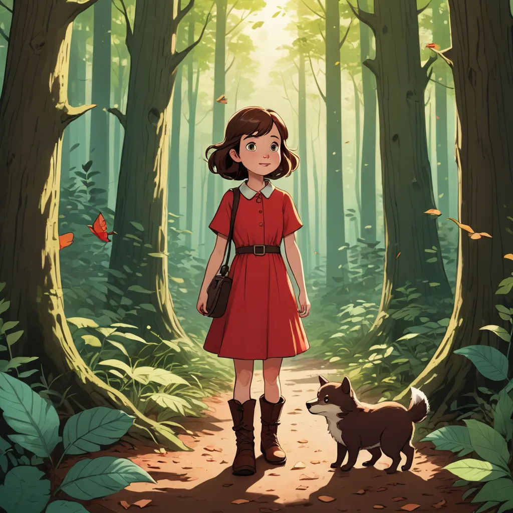 a girl in a red dress is standing in the woods with a dog in front of her and a forest scene behind her, process art, a storybook illustration, Clarice Beckett, ghibli