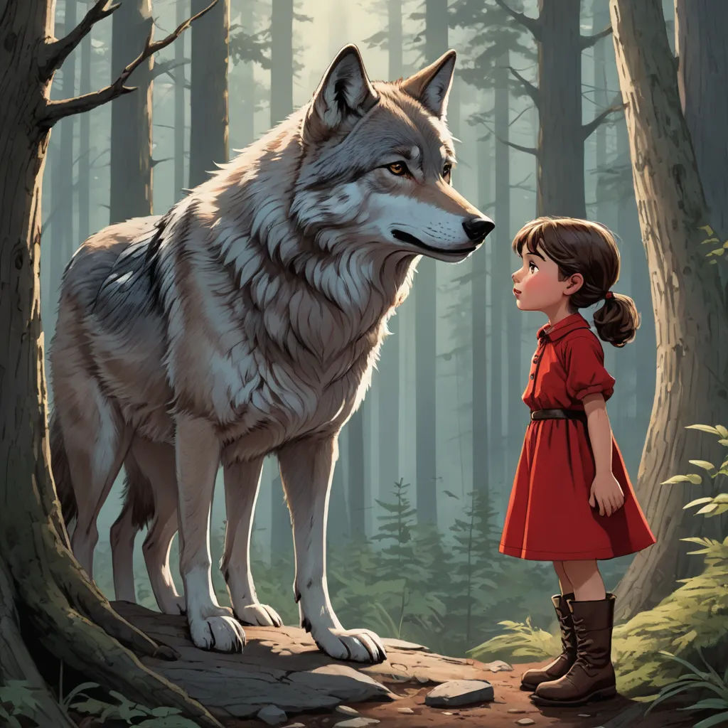 a girl in a red dress standing next to a wolf in a forest with trees and rocks on the ground, context art, a storybook illustration, Aaron Jasinski, storybook illustration