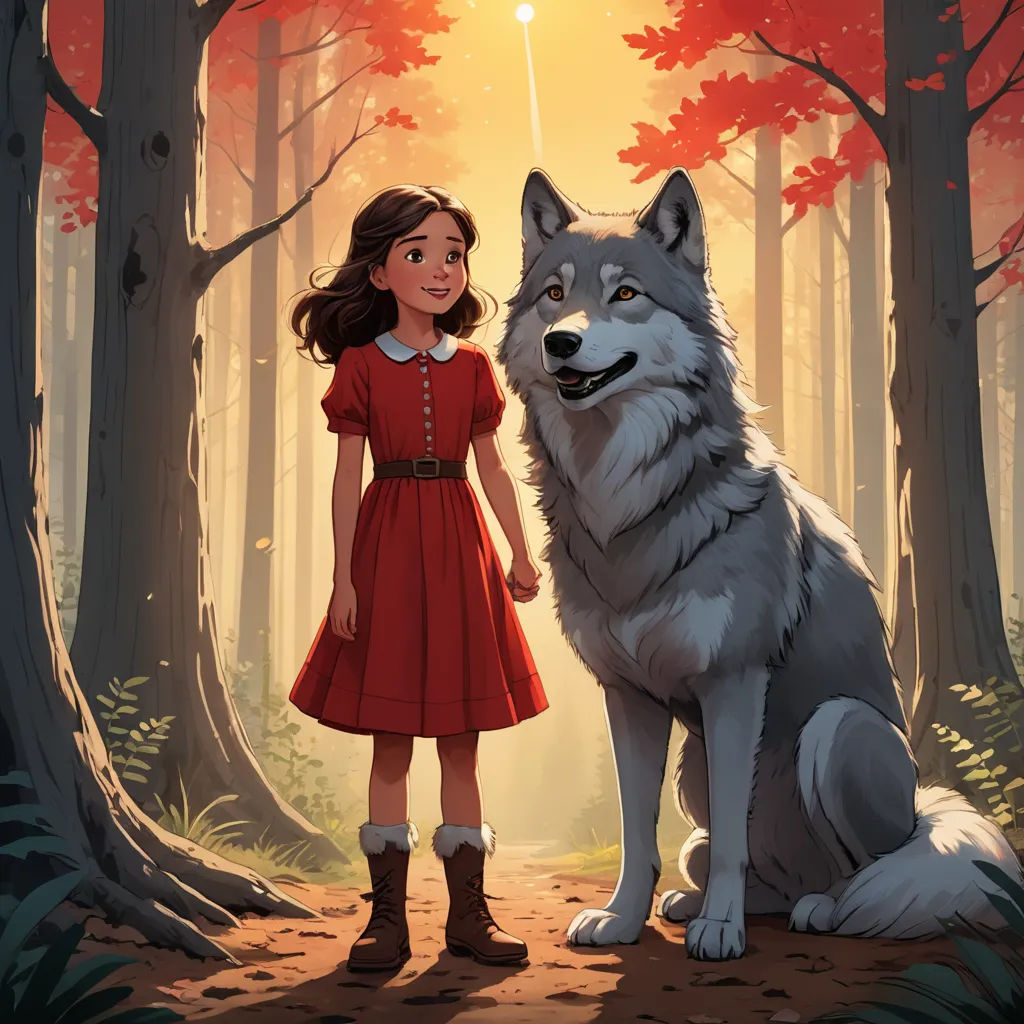 a girl in a red dress standing next to a wolf in a forest with a light shining on her, furry art, a storybook illustration, Elinor Proby Adams, official art