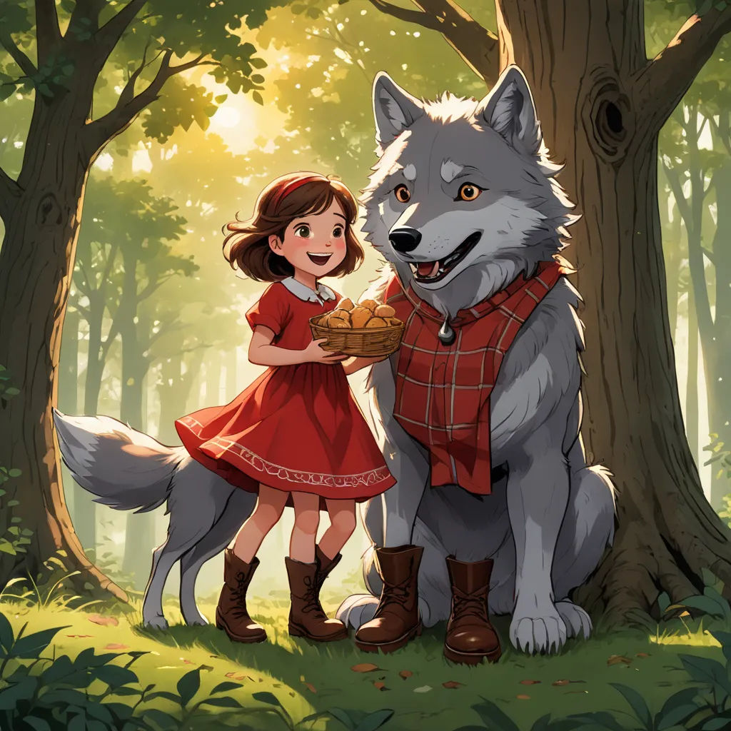 a girl and a wolf in a forest with trees and grass, one of them is holding a basket, furry art, a storybook illustration, Cliff Childs, official art