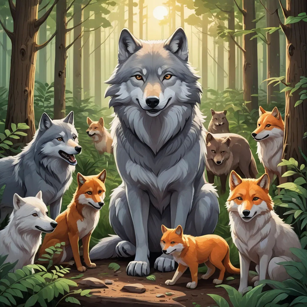 a group of foxes in a forest with a sun shining through the trees behind them and a forest scene with trees and bushes, furry art, an album cover, Cyril Rolando, furaffinity