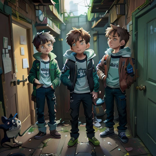 three boys standing in a hallway with a cat nearby and a cat looking at them from the doorway of a building