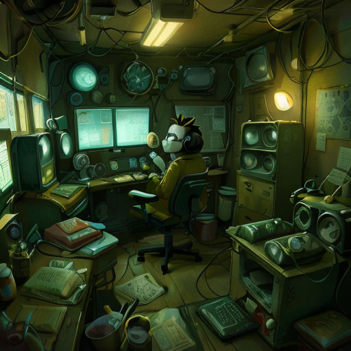 a computer room with a bunch of monitors and a desk with a mouse and a keyboard on it and a person sitting at a desk