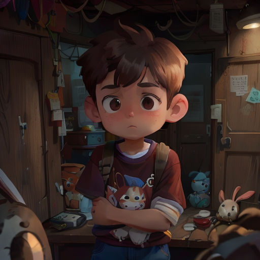 a boy standing in a room with a stuffed animal in front of him and a stuffed animal in the background