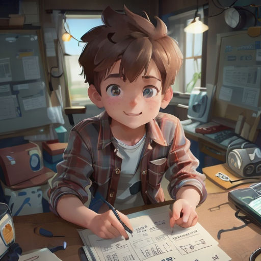 a boy is sitting at a desk with a book and pen in his hand and looking at the camera