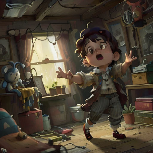 a boy in a room with a mouse and a teddy bear in it's arms and a stuffed animal in the background