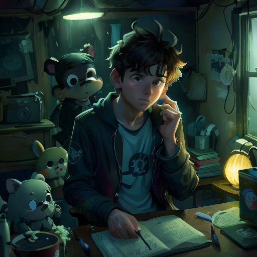 a boy sitting at a desk with a book and a mouse in front of him and a stuffed animal