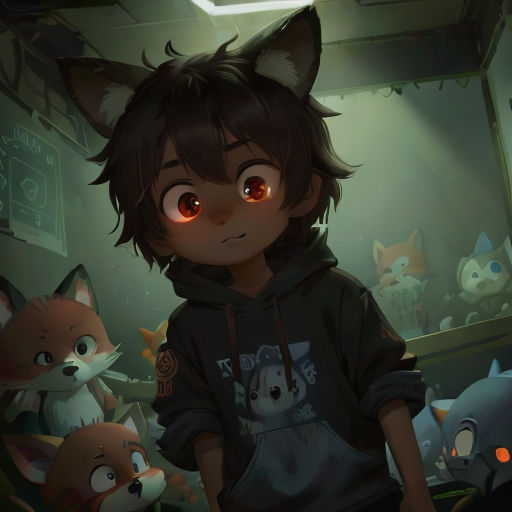 a boy with a hoodie and some animals in a room with a light on his face and a cat on his shoulder