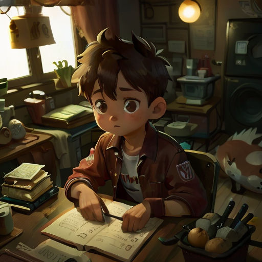 a boy sitting at a desk with a book and pen in his hand and a cat on the desk