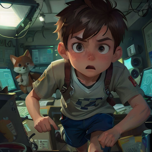 a boy in a space station with a cat and a stuffed animal in the background, looking at the camera