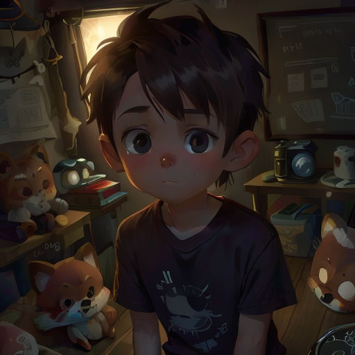 a boy is sitting in front of a bunch of stuffed animals in a room with a window and a lamp