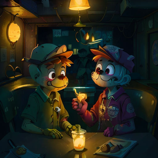 a couple of cartoon characters sitting at a table with a drink in hand and a flashlight in the other hand