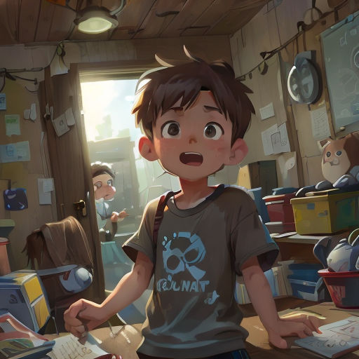 a boy is standing in a room with a desk and a window in the background and a boy is looking at the camera