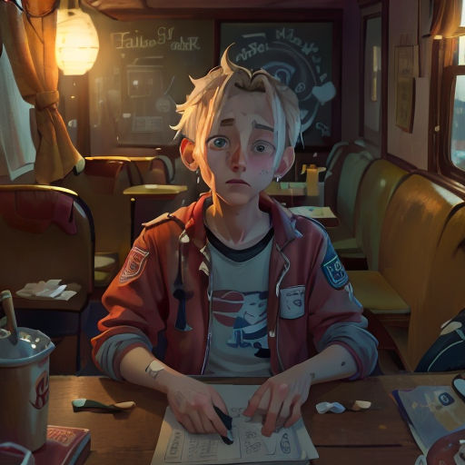 a boy sitting at a table with a menu in front of him and a cup of coffee in the background