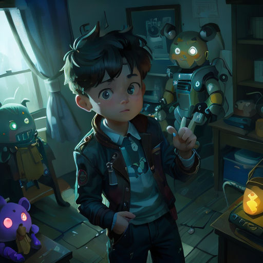 a boy in a room with a teddy bear and a lamp in his hand and a robot in the background