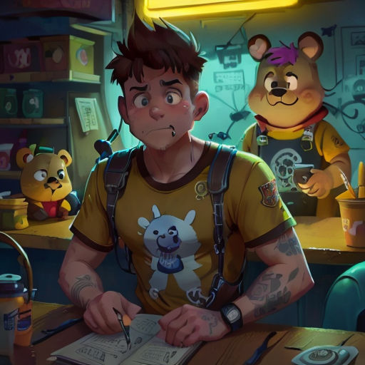 a man sitting at a table with a book and pen in his hand and a teddy bear behind him