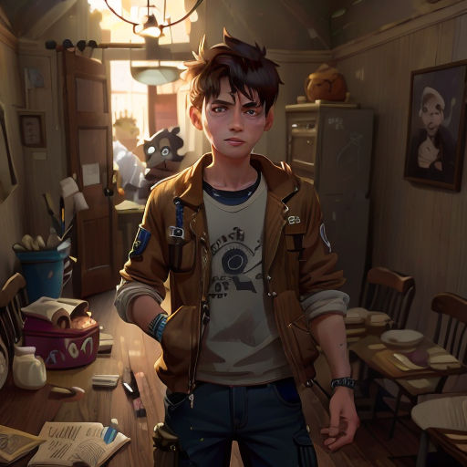 a boy standing in a room with a teddy bear on the wall and a table with a book and a teddy bear