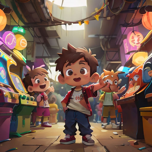 a boy in a cartoon character scene with a bunch of toys in the background and a girl in a red shirt