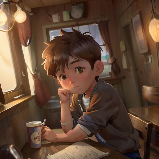 a boy sitting at a table with a cup of coffee and a book in front of him, looking at the camera
