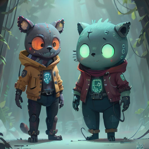 two cartoon characters standing in a forest with glowing eyes and a cat outfit on, with a cat in the background