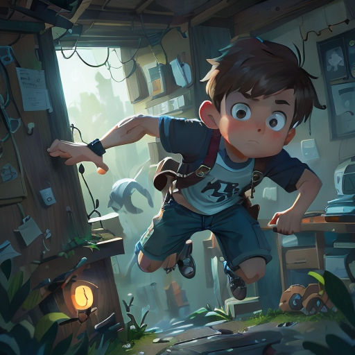 a boy is jumping in a room with a light on and a clock on the wall behind him and a flashlight in his hand