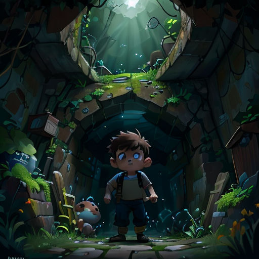 a boy standing in a tunnel with a light shining on him and a stuffed animal in the background, with a green light coming from the entrance