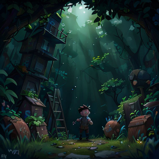 a cartoon boy standing in a forest with a ladder and a ladder to a tree house in the background