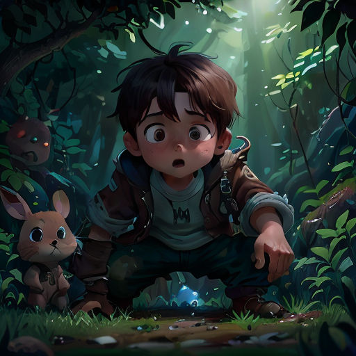 a boy kneeling down in the woods with a rabbit in front of him and a forest background with a light shining on him