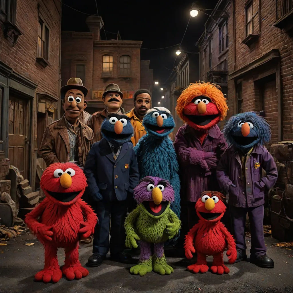 a group of people standing next to each other in front of a building with sesame characters on it's sides, Cristache Gheorghiu, harlem renaissance, an album cover, promotional image