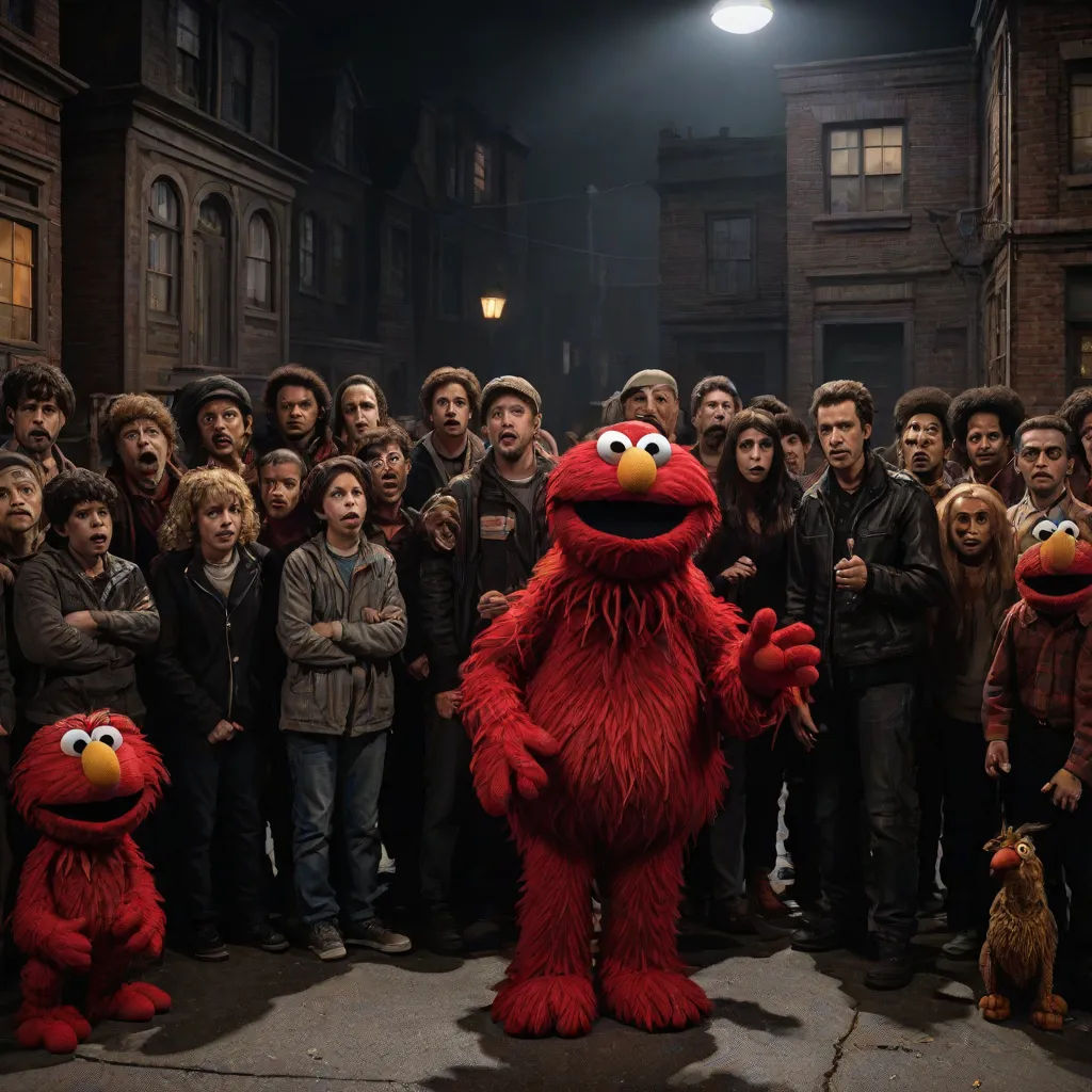 a group of people standing around a sesame character in front of a crowd of people in a street at night, Eric Taylor, fantastic realism, a colorized photo, promotional image