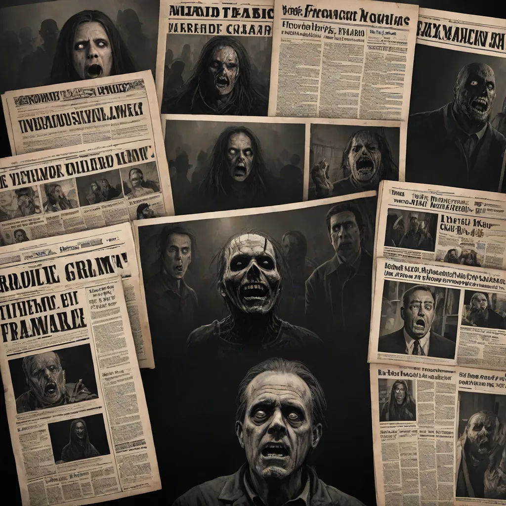 a bunch of newspapers with a bunch of scary faces on them and a man in a creepy mask on top, Dan Mumford, private press, poster art, comic cover art