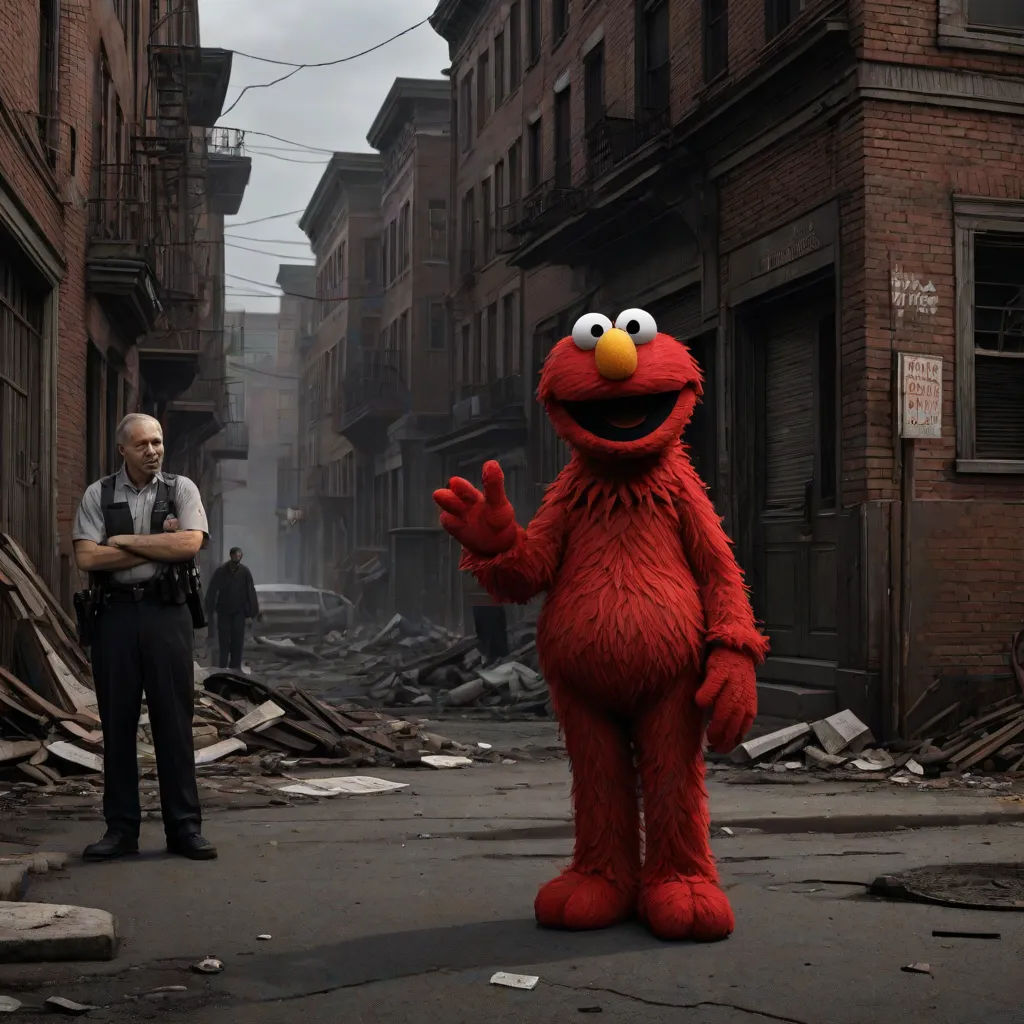 a man standing next to a red sesame character in a street with rubble and buildings in the background and a man in a police uniform standing in the foreground, Banksy, neo-primitivism, a colorized photo, promotional image