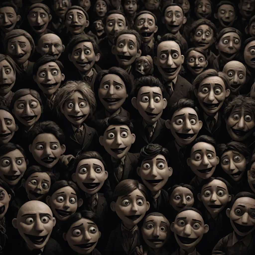 a group of people with faces drawn on them are standing in a crowd of people with faces drawn on them, Art Spiegelman, antipodeans, a detailed matte painting, pj crook