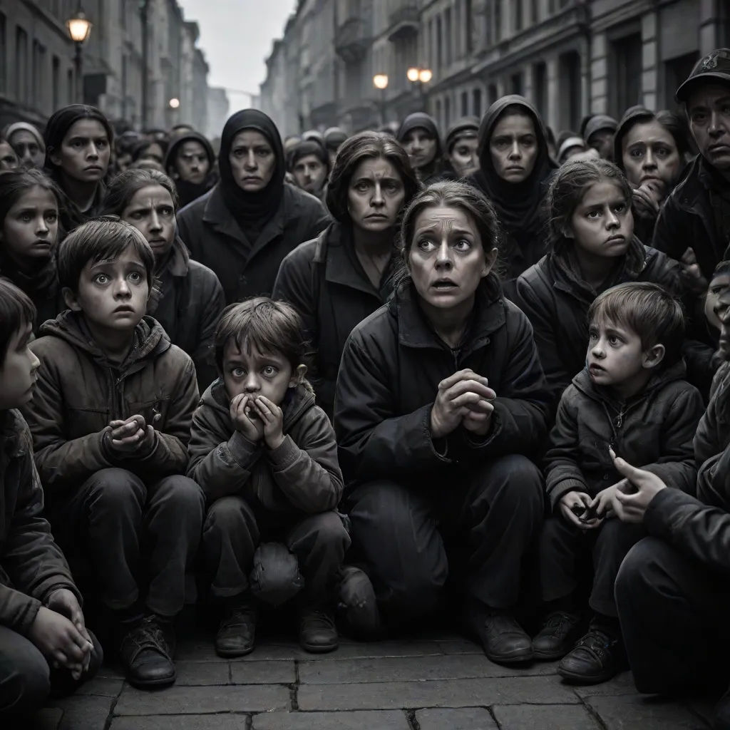a group of people sitting on the ground in front of a crowd of people in black and white outfits, Diego Gisbert Llorens, massurrealism, a detailed matte painting, cinematic photography