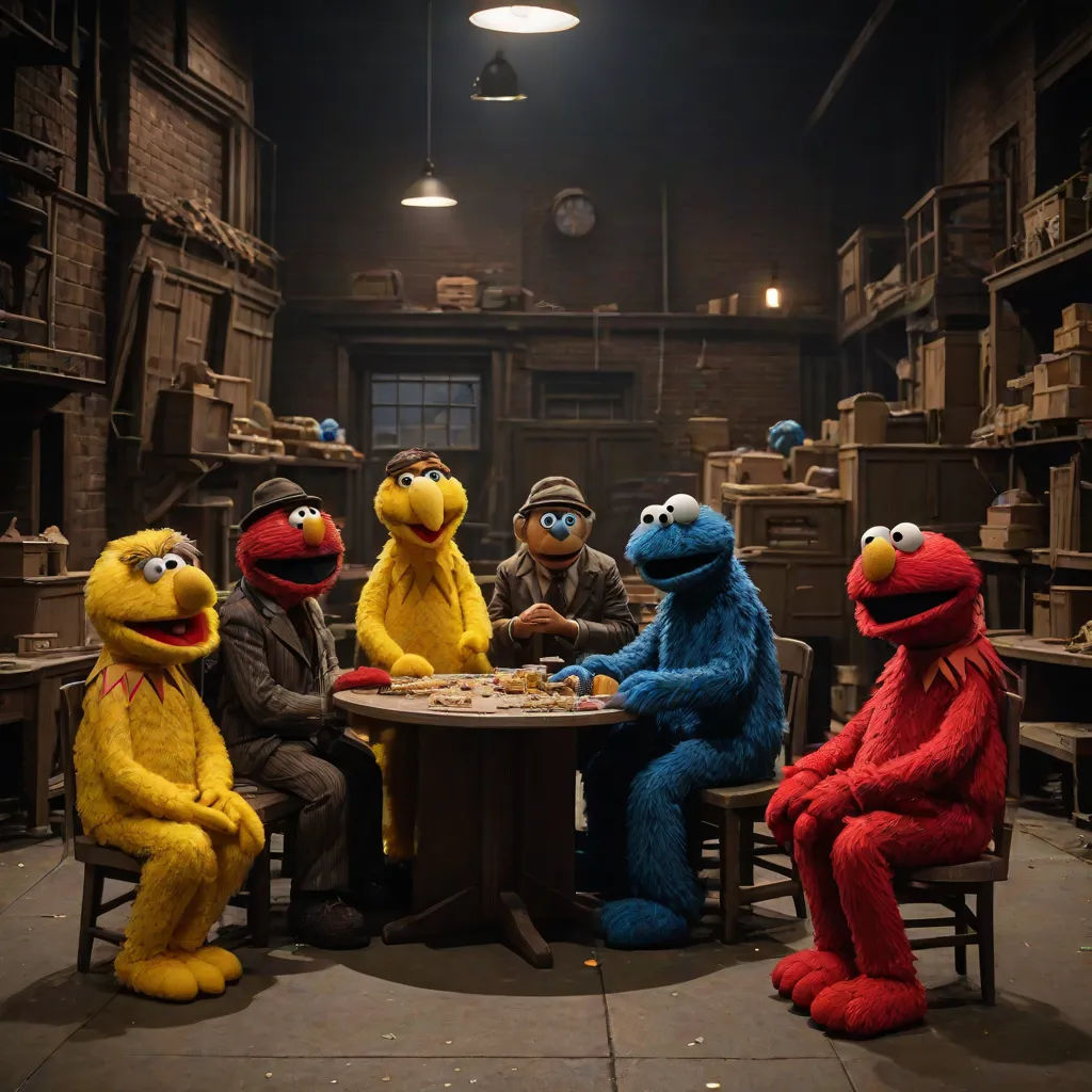 a group of sesame characters sitting around a table together in a room full of shelves of books and boxes, David Teniers III, serial art, a colorized photo, promotional image