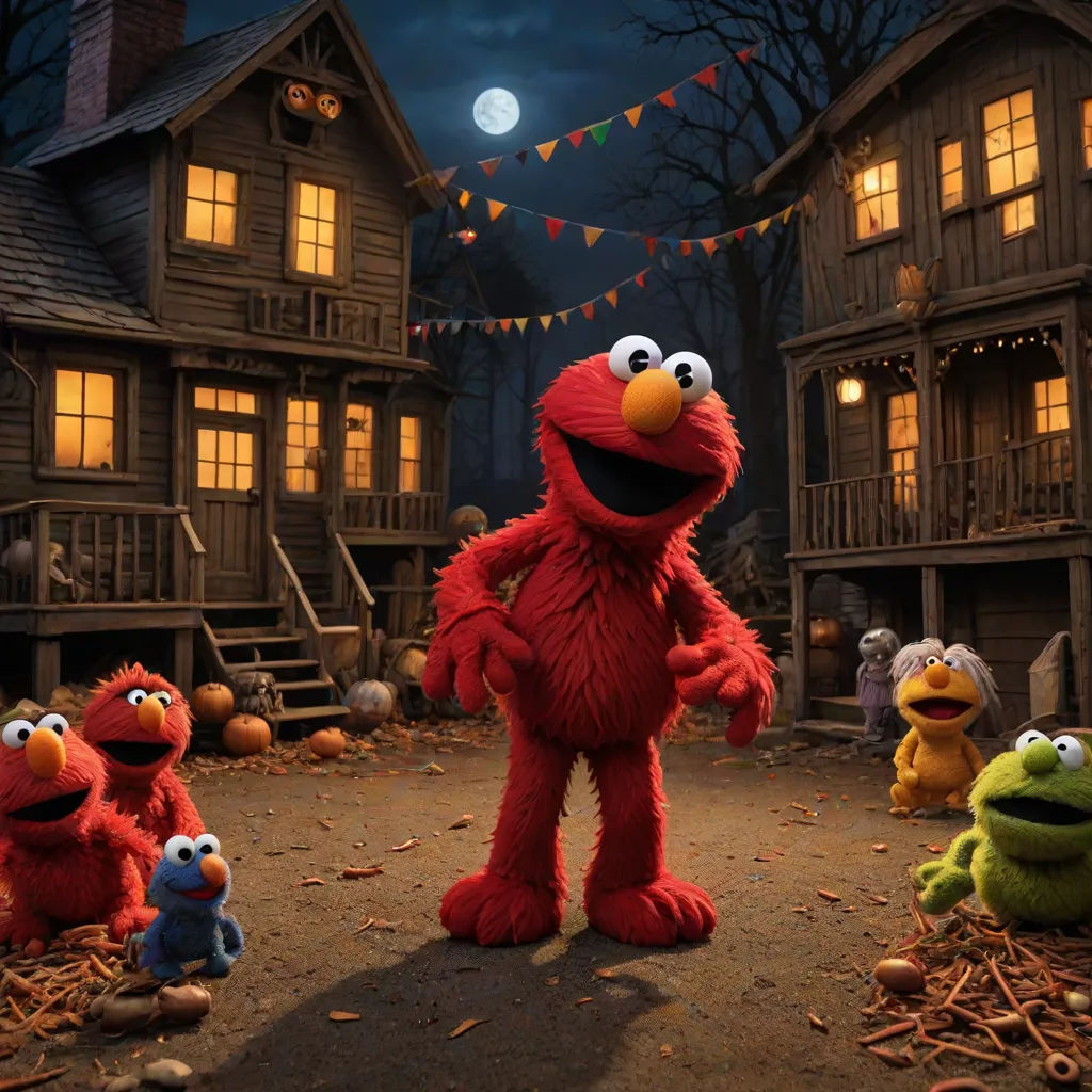 a group of sesame characters standing in front of a house at night with a full moon in the background, Brian Fies, dau-al-set, a stock photo, promotional image