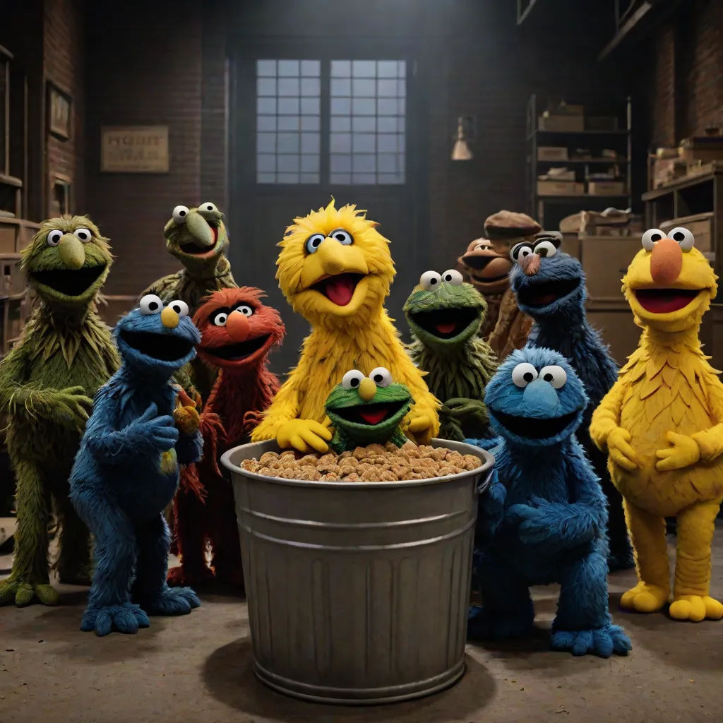 a group of sesame characters standing around a trash can with a bucket full of peanuts in front of them, Dan Content, furry art, a stock photo, promotional image