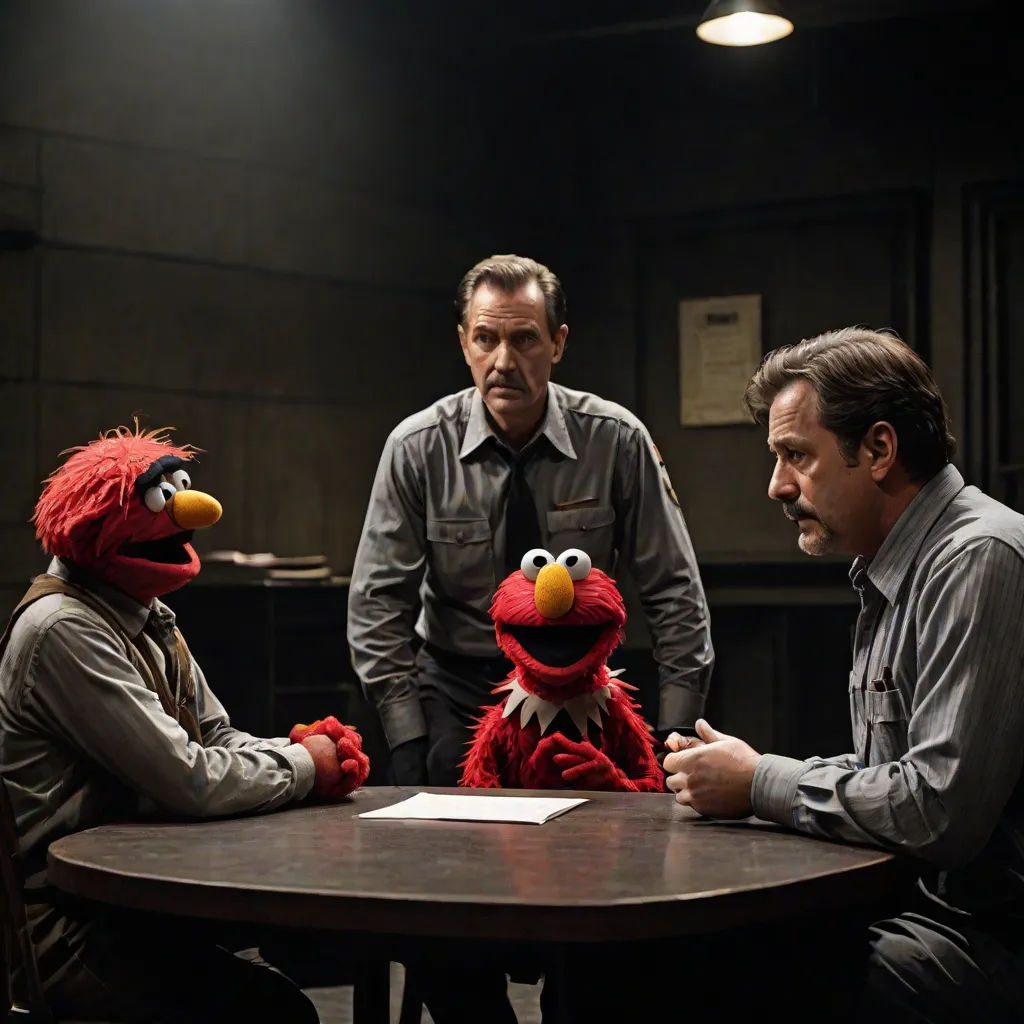 three men sitting around a table with a sesame character on it and a man in a suit and tie, Eric Taylor, institutional critique, a colorized photo, promotional image