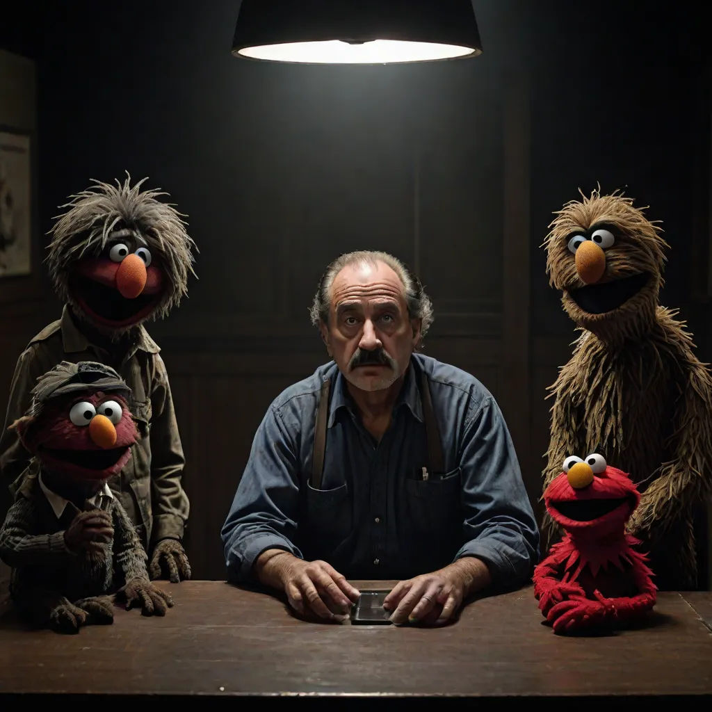 a man sitting at a table with three sesame characters behind him and a lamp above him that is on, Art Spiegelman, massurrealism, a still life, promotional image