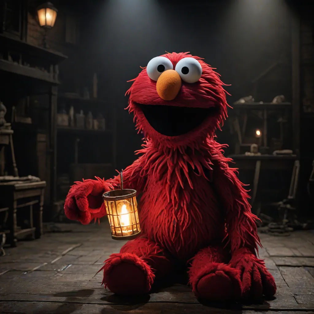 a red sesame character holding a lantern in a dark room with a dark background and a light on the floor, Ernest William Christmas, serial art, a character portrait, promotional image