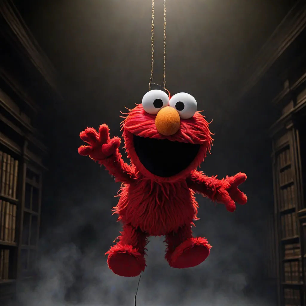 a red stuffed animal hanging from a chain in a dark room with a light on it's head, Eamon Everall, pop surrealism, poster art, promotional image