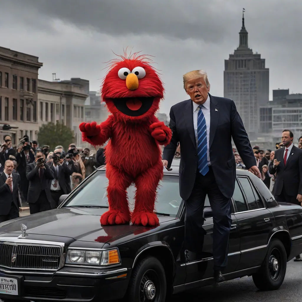 a man in a suit standing on the hood of a car with a large red puppet on top of it, Beeple, symbolism, a colorized photo, cgi