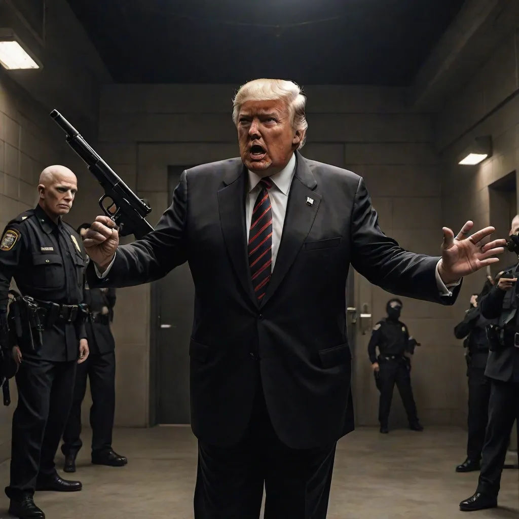 a man in a suit holding a gun in a room with other men in uniform standing around him and holding a gun, Dong Kingman, symbolism, poster art, vfx