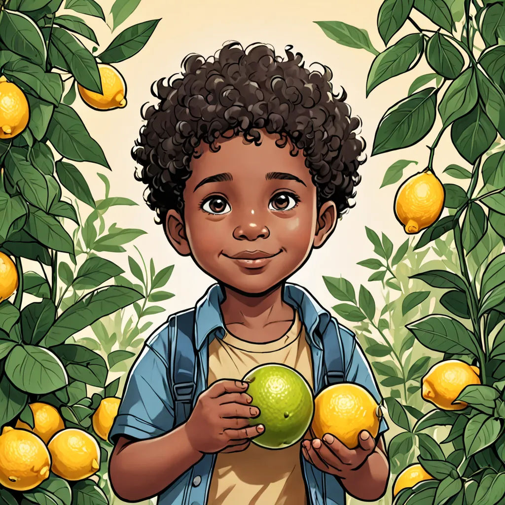 a young boy holding a green apple in front of a bush of lemons with leaves and lemons, serial art, a storybook illustration, Aaron Jasinski, trending on art station