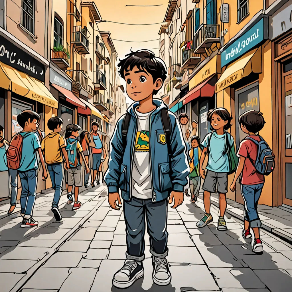 a boy standing in the middle of a crowded street with a backpack on his back and a group of people walking by, hurufiyya, a comic book panel, Asaf Hanuka, comic cover art
