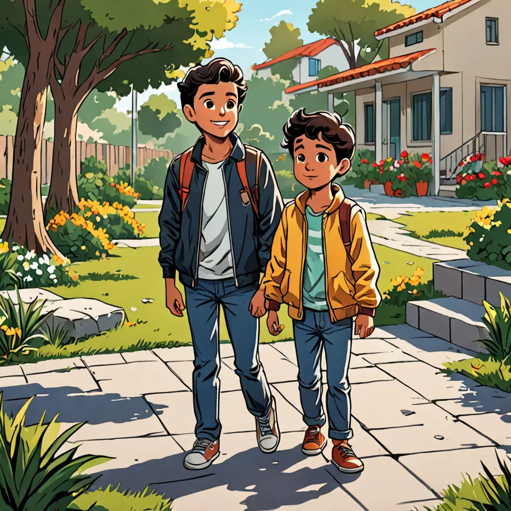 a man and a boy walking down a sidewalk in a park with a house in the background and flowers on the ground, paris school, a comic book panel, Asaf Hanuka, comic cover art
