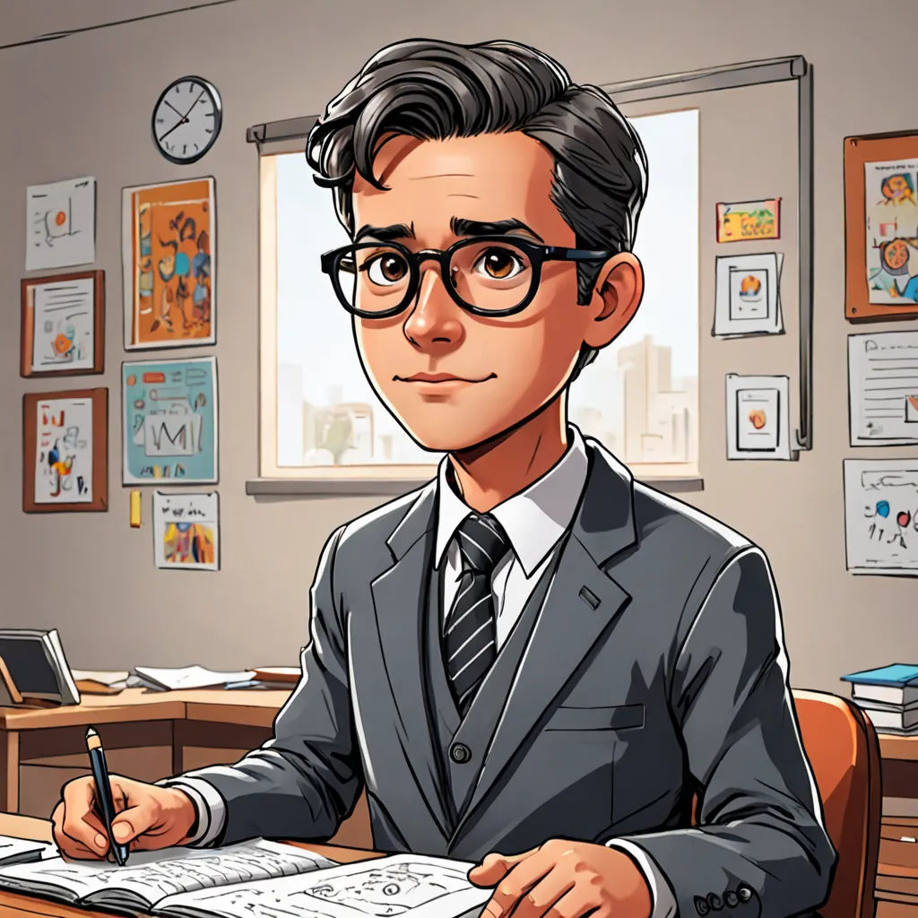 a man in a suit and glasses sitting at a desk with a pen and paper in front of him, sots art, a character portrait, Cedric Seaut (Keos Masons), character portrait