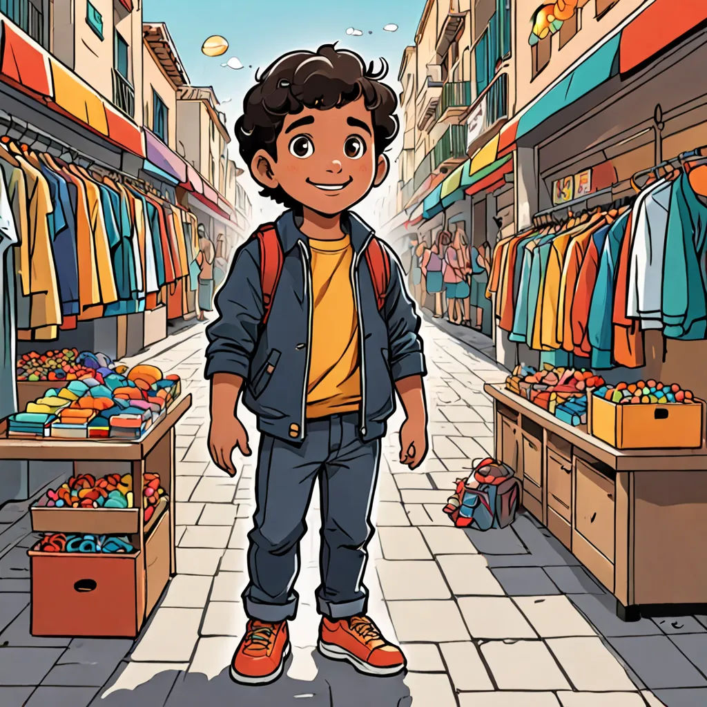 a cartoon of a boy standing in a street market with a backpack on his back and a lot of clothes on the shelves, lyco art, a storybook illustration, Diego Gisbert Llorens, comic cover art